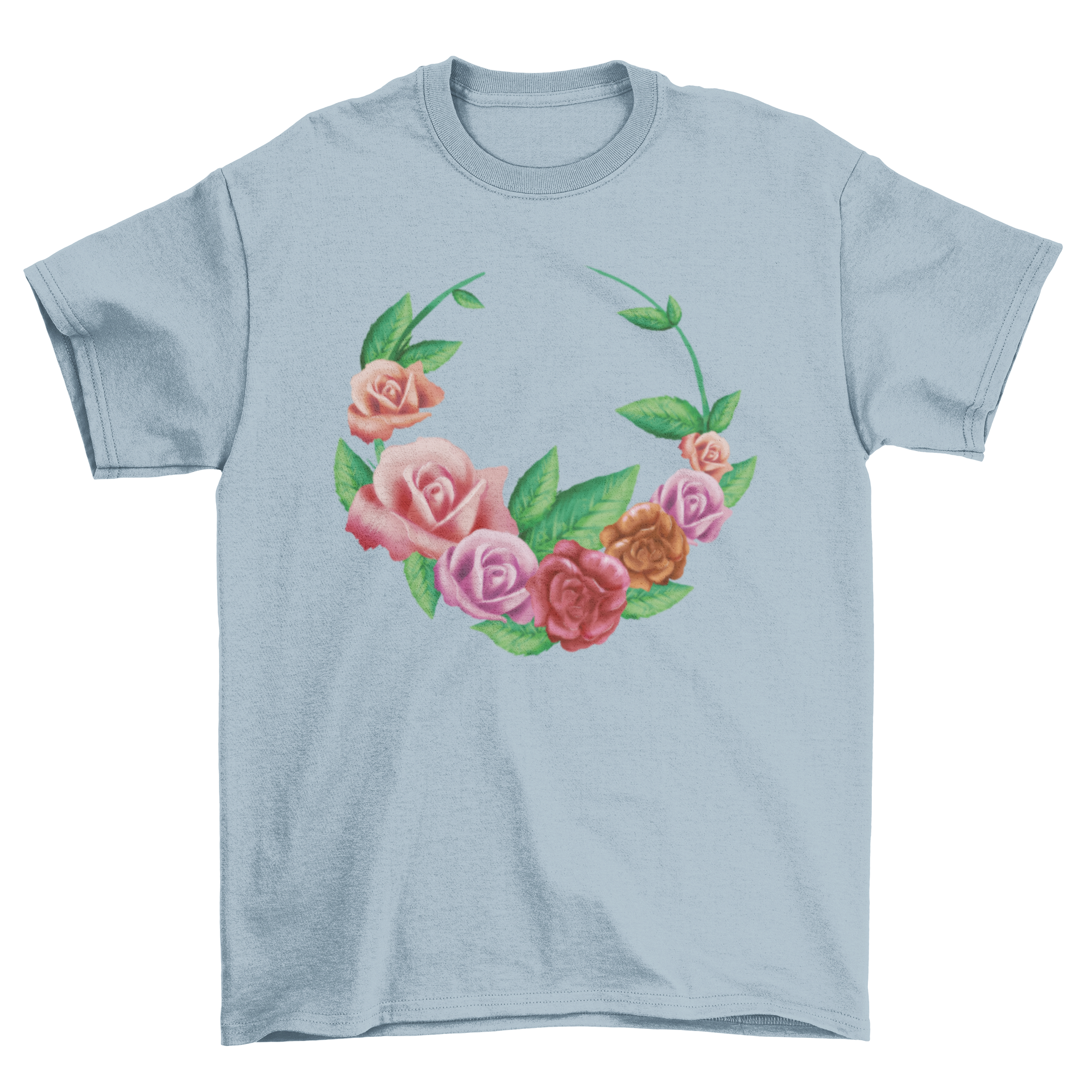 A stylish t-shirt featuring a crown design made of vibrant roses and green leaves, perfect for casual wear.