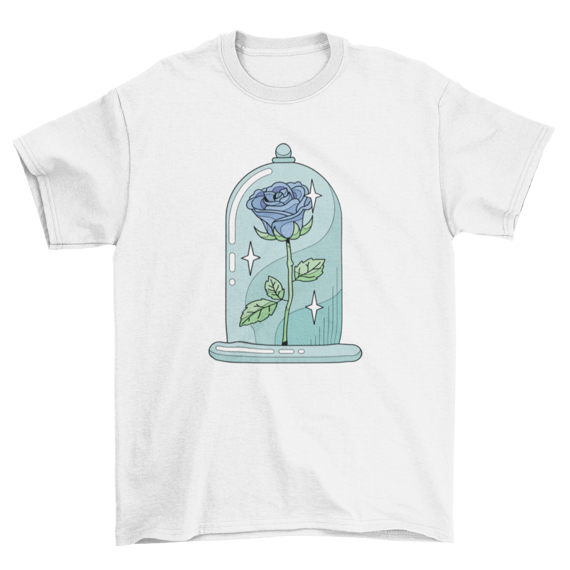 A stylish t-shirt featuring a vibrant rose inside a crystal vase, showcasing intricate details and colors.