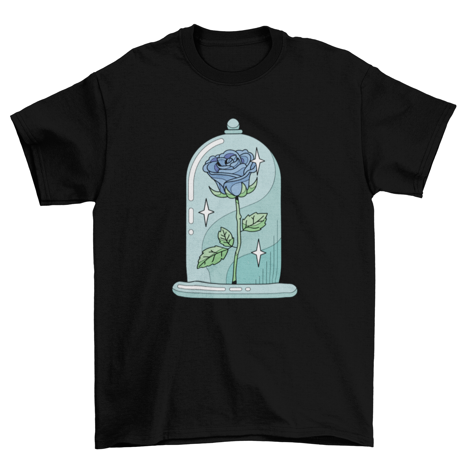 A stylish t-shirt featuring a vibrant rose inside a crystal vase, showcasing intricate details and colors.