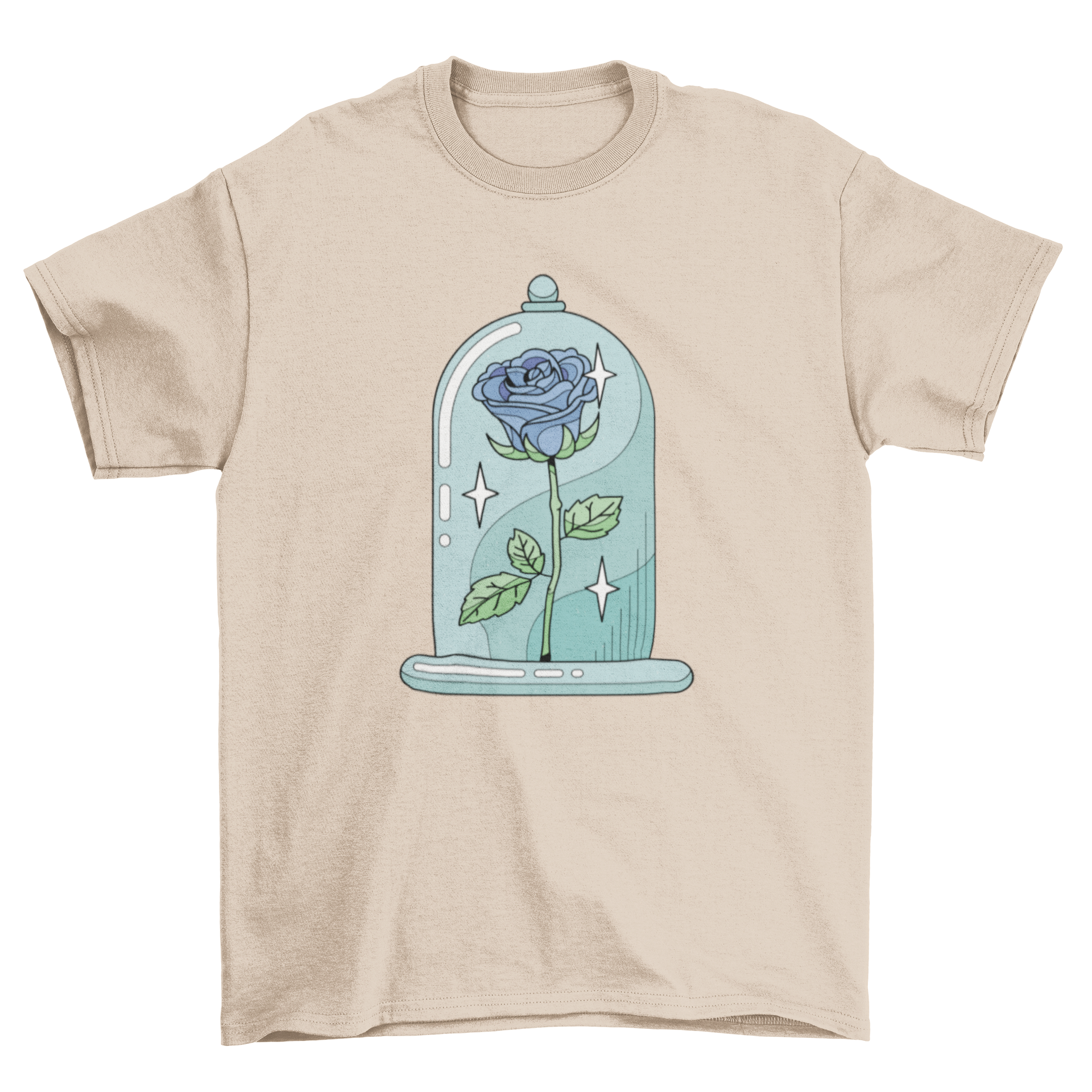 A stylish t-shirt featuring a vibrant rose inside a crystal vase, showcasing intricate details and colors.