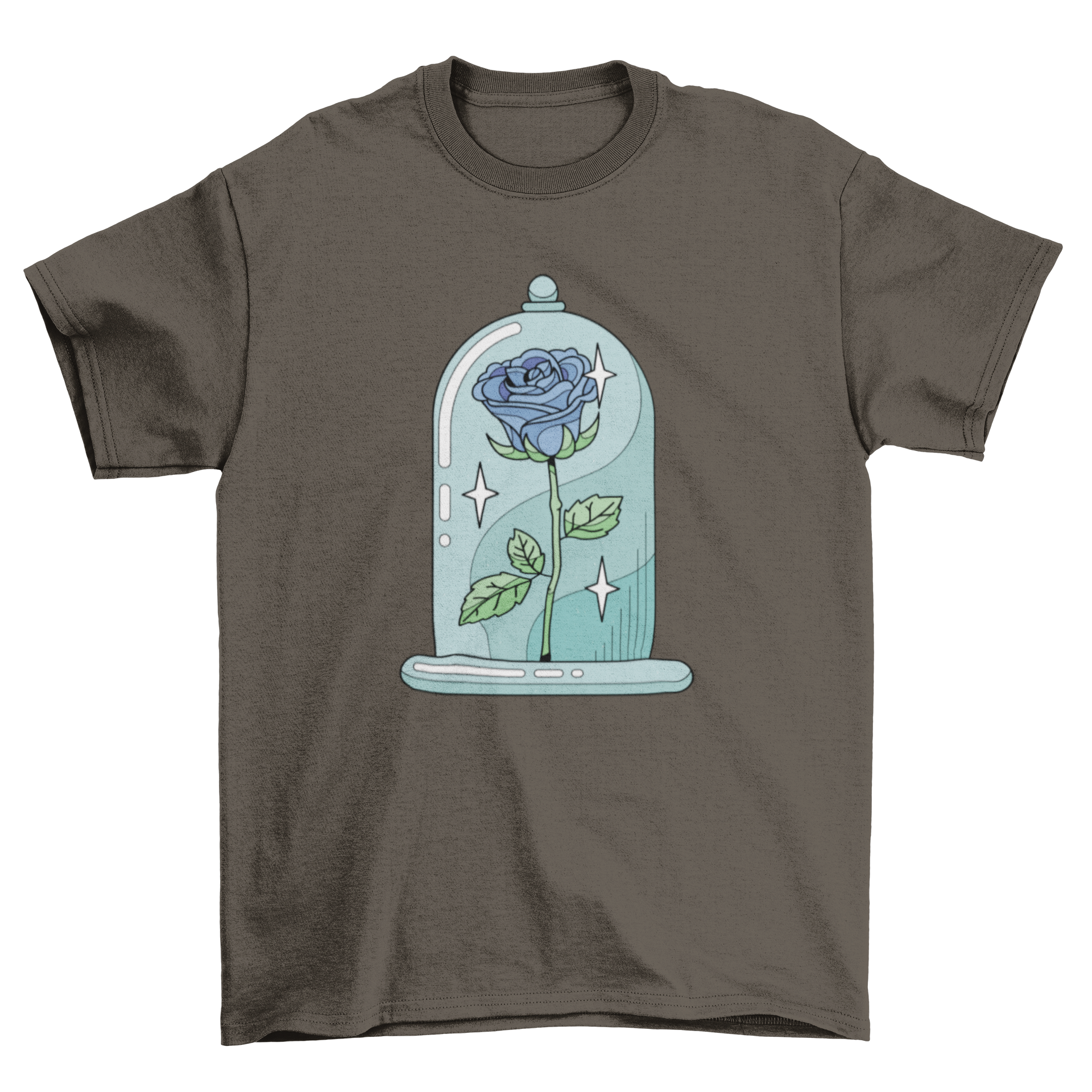 A stylish t-shirt featuring a vibrant rose inside a crystal vase, showcasing intricate details and colors.