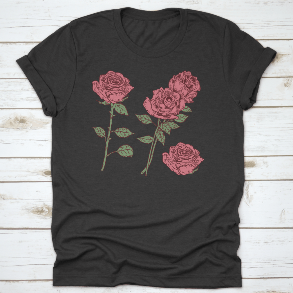 A stylish t-shirt featuring a vibrant Rose Vector Flower graphic design, made from high-quality cotton fabric.