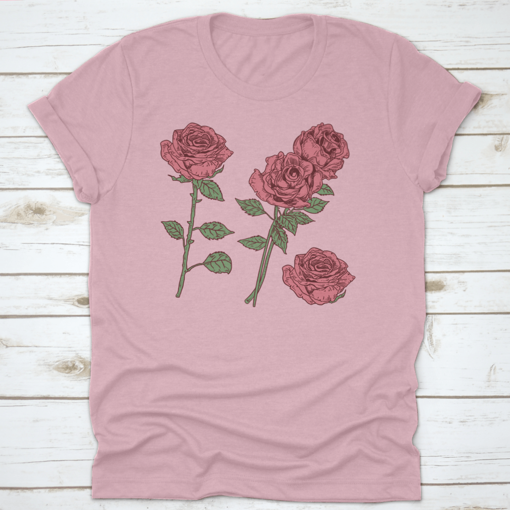 A stylish t-shirt featuring a vibrant Rose Vector Flower graphic design, made from high-quality cotton fabric.