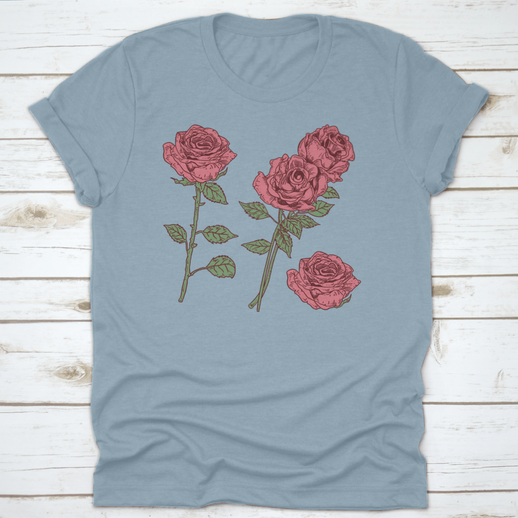 A stylish t-shirt featuring a vibrant Rose Vector Flower graphic design, made from high-quality cotton fabric.