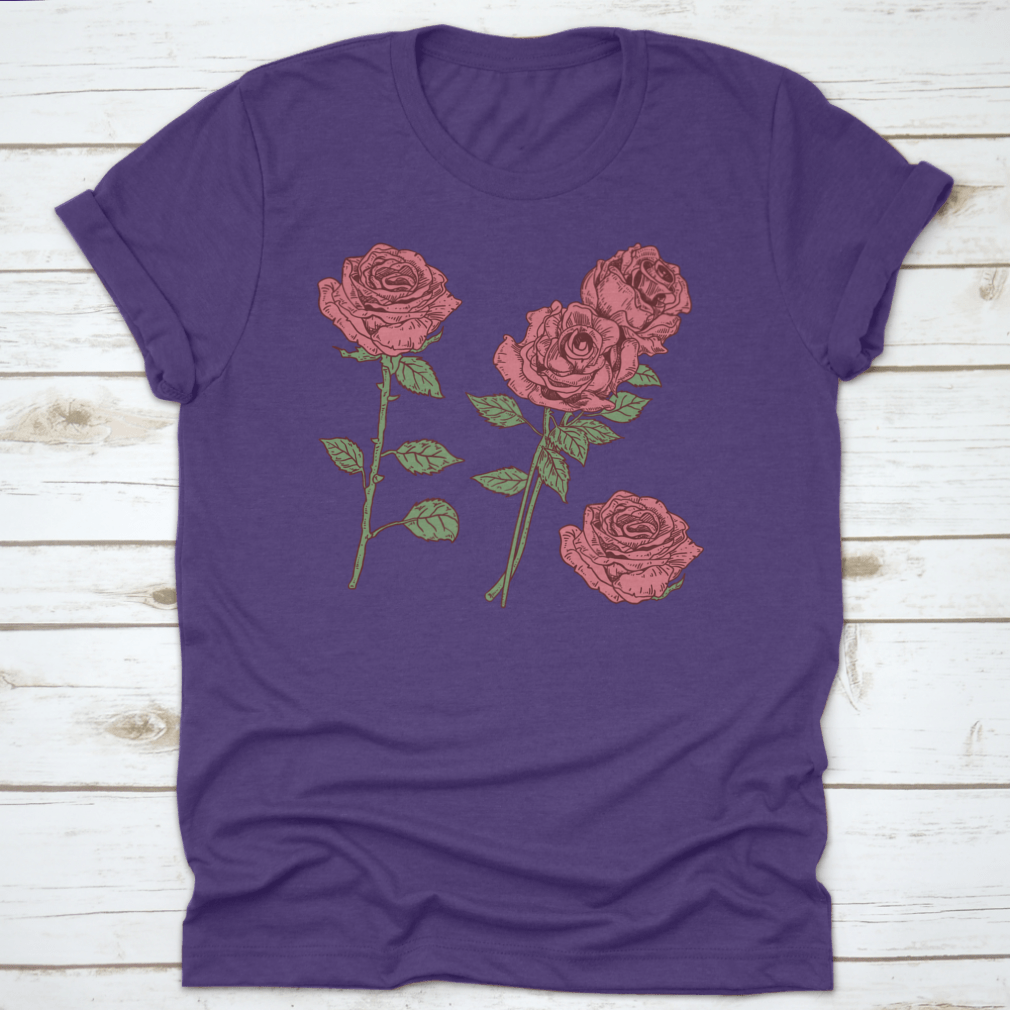 A stylish t-shirt featuring a vibrant Rose Vector Flower graphic design, made from high-quality cotton fabric.