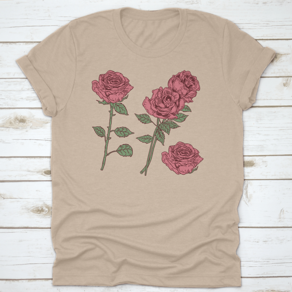 A stylish t-shirt featuring a vibrant Rose Vector Flower graphic design, made from high-quality cotton fabric.