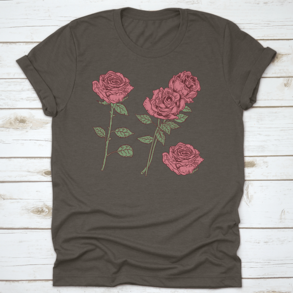 A stylish t-shirt featuring a vibrant Rose Vector Flower graphic design, made from high-quality cotton fabric.