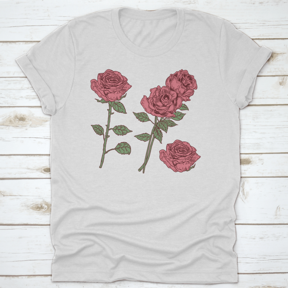 A stylish t-shirt featuring a vibrant Rose Vector Flower graphic design, made from high-quality cotton fabric.