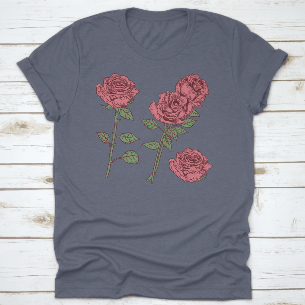 A stylish t-shirt featuring a vibrant Rose Vector Flower graphic design, made from high-quality cotton fabric.