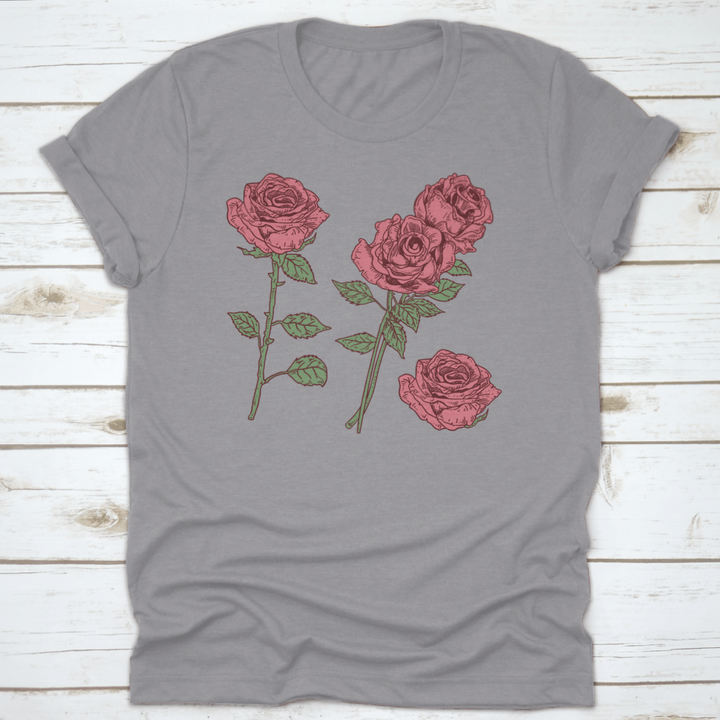 A stylish t-shirt featuring a vibrant Rose Vector Flower graphic design, made from high-quality cotton fabric.