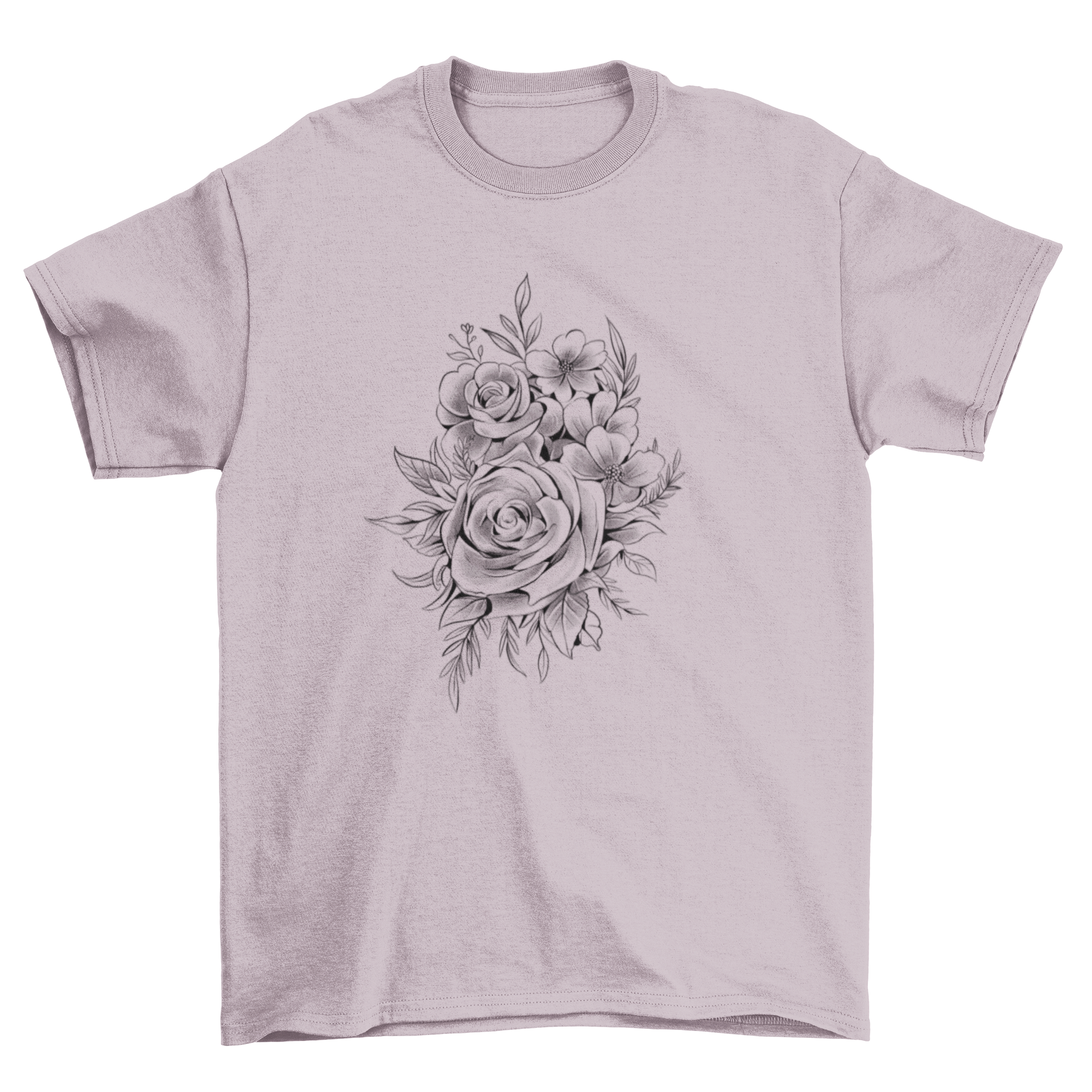 A stylish t-shirt featuring a tattoo-inspired design of roses and leaves, showcasing vibrant colors and intricate details.