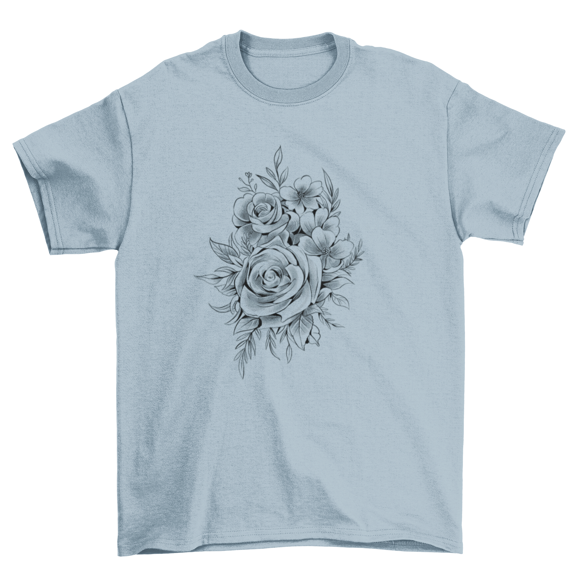 A stylish t-shirt featuring a tattoo-inspired design of roses and leaves, showcasing vibrant colors and intricate details.