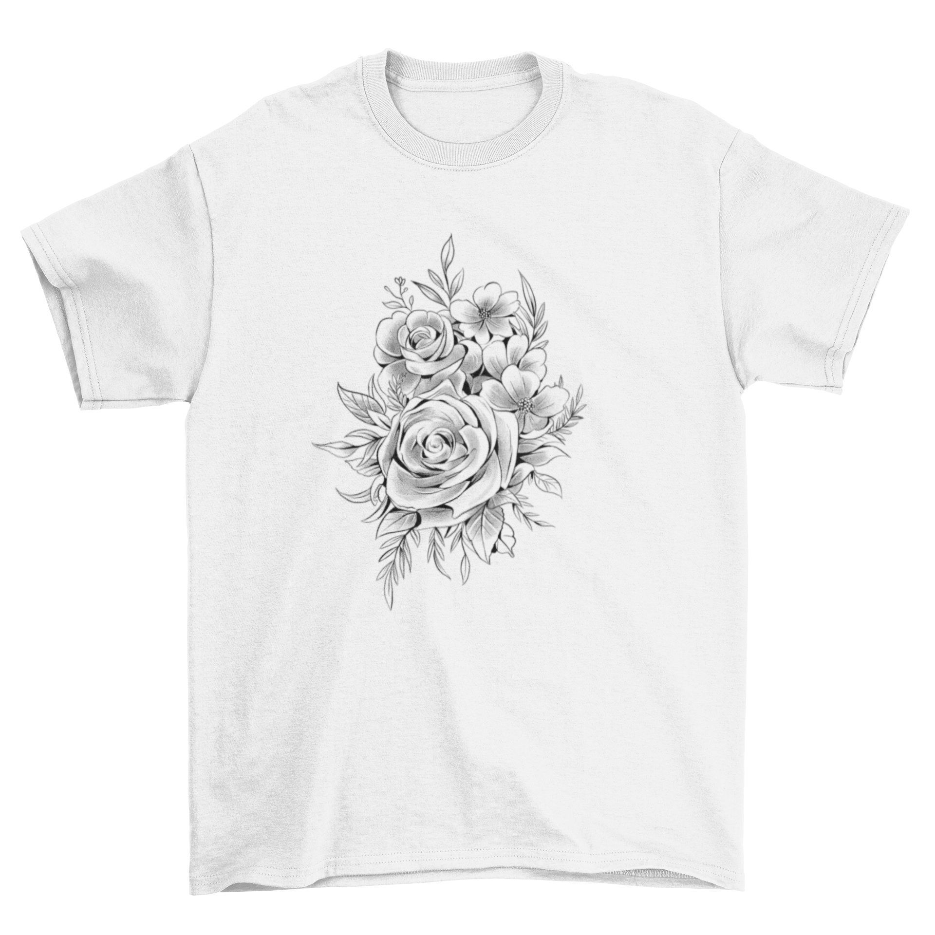 A stylish t-shirt featuring a tattoo-inspired design of roses and leaves, showcasing vibrant colors and intricate details.