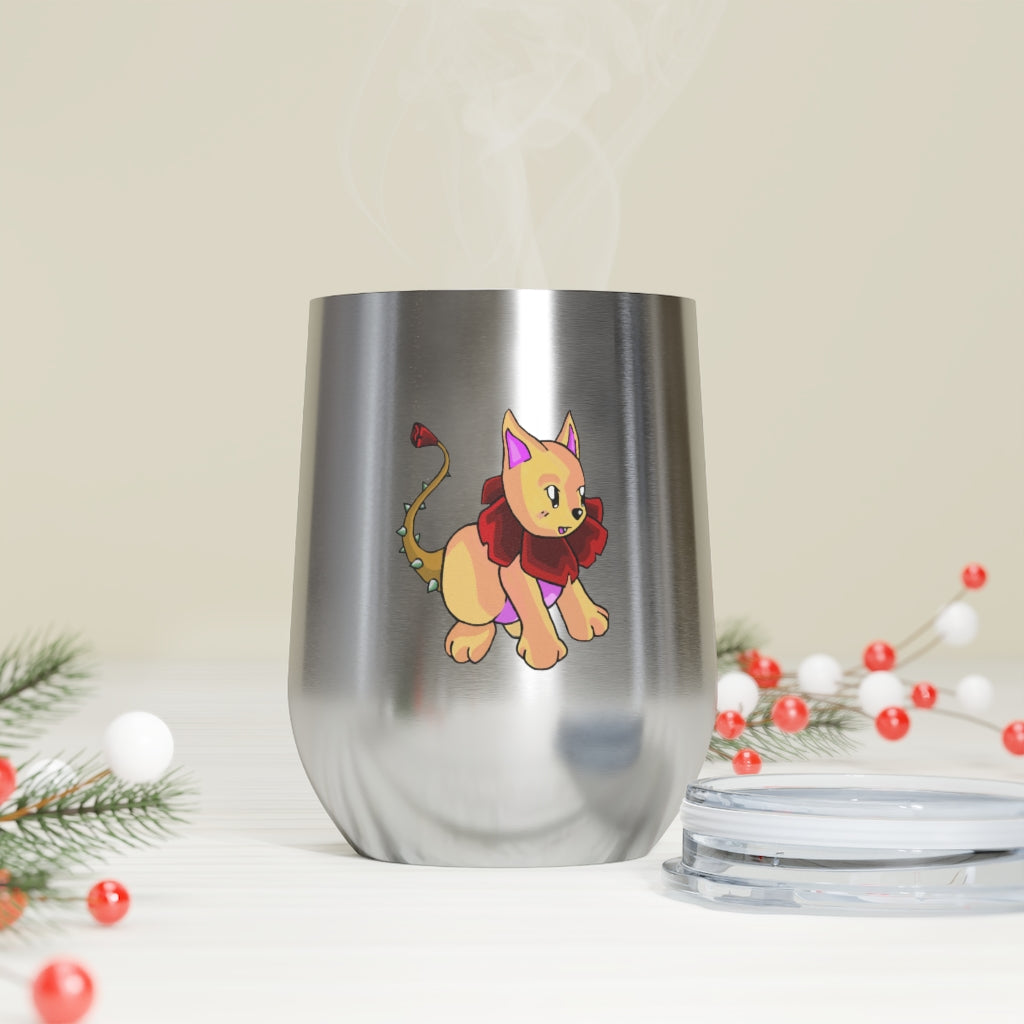 Rositty 12oz Insulated Wine Tumbler in stainless steel with a clear plastic lid, showcasing a stylish design for hot and cold beverages.