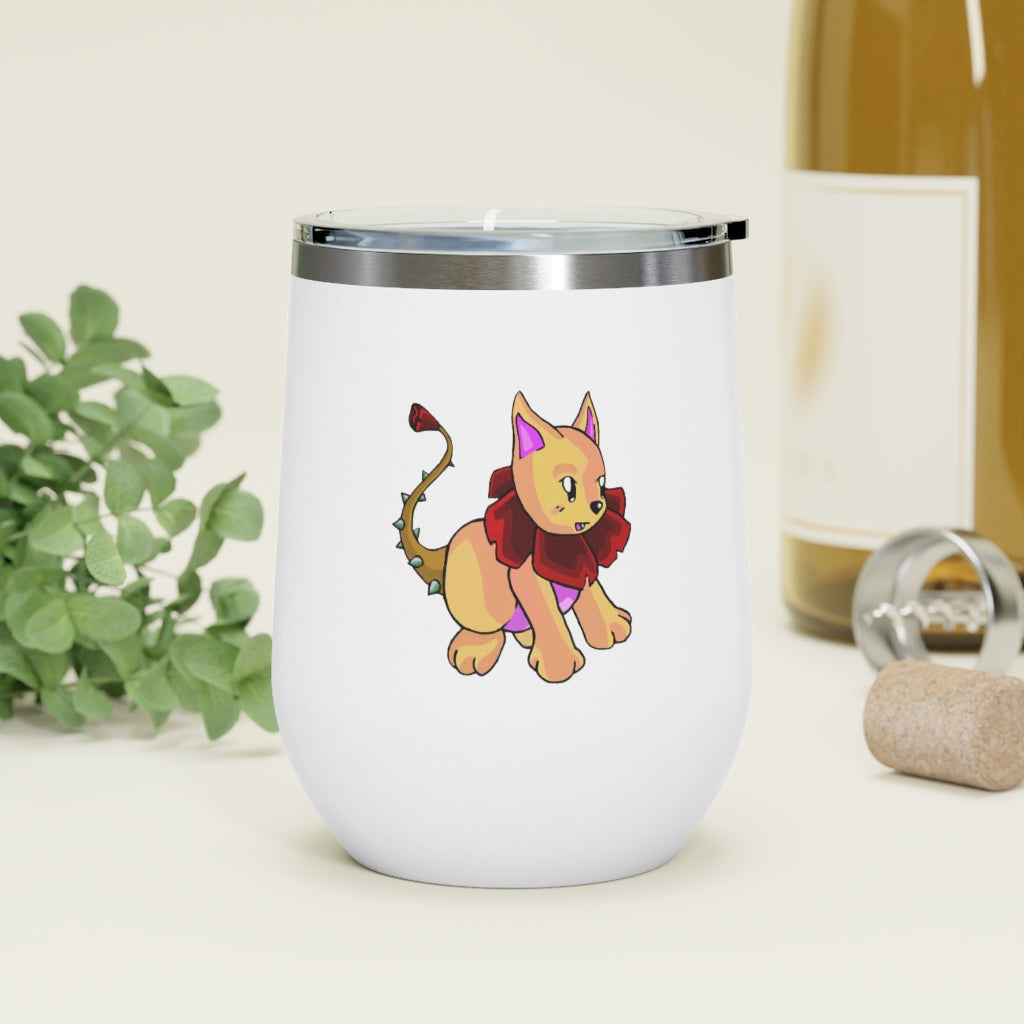 Rositty 12oz Insulated Wine Tumbler in stainless steel with a clear plastic lid, showcasing a stylish design for hot and cold beverages.