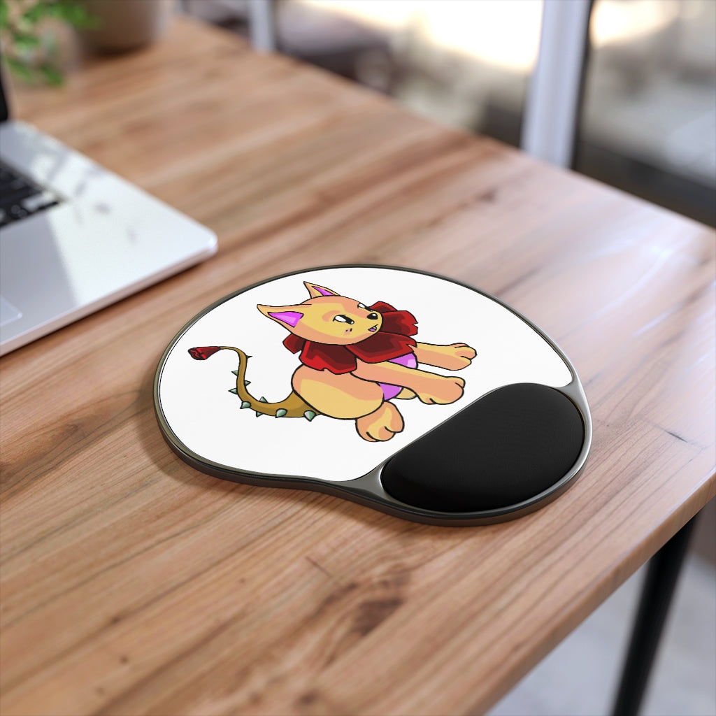 Rositty Mouse Pad with ergonomic Memory Foam wrist rest and custom-printed neoprene insert, featuring a foot-shaped black plastic base.