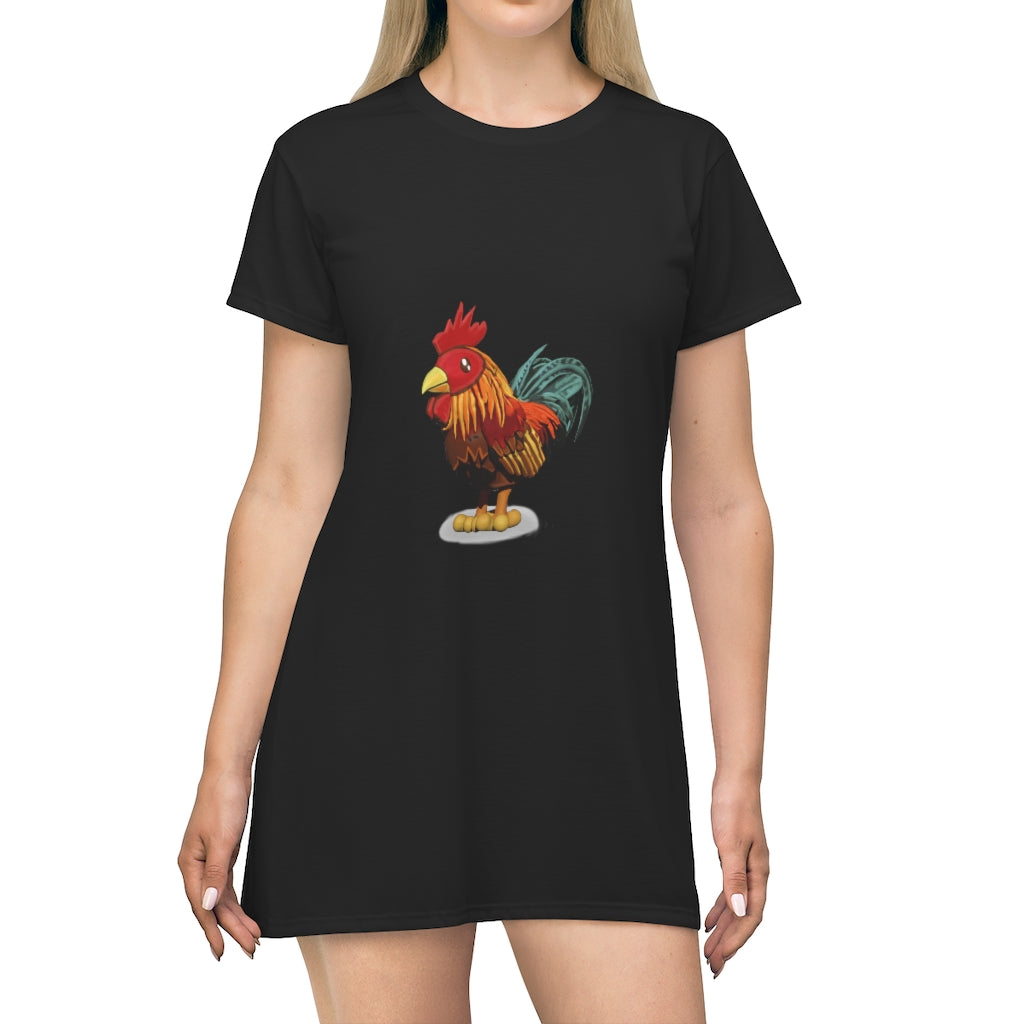 A vibrant Rooster All Over Print T-Shirt Dress showcasing a colorful rooster design on a lightweight fabric.