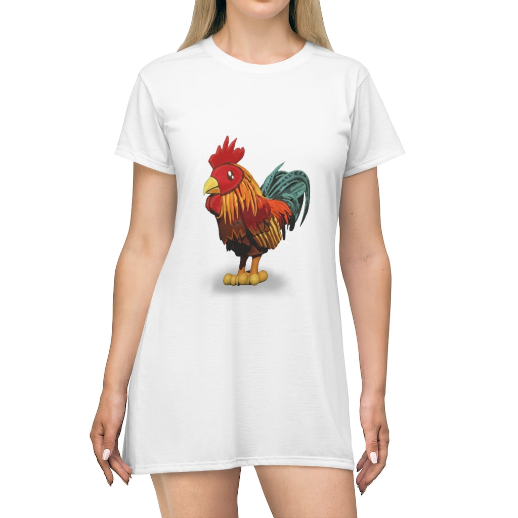 A vibrant Rooster All Over Print T-Shirt Dress showcasing a playful rooster design on a lightweight fabric.