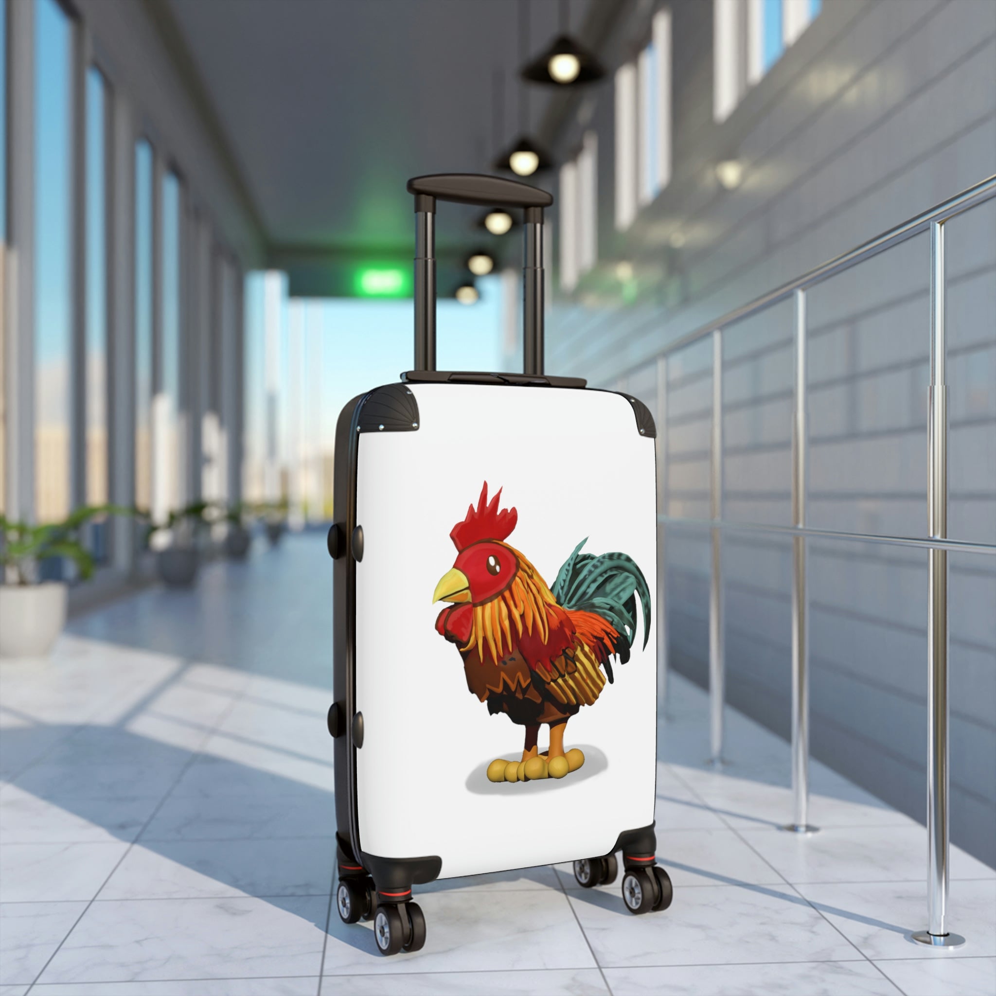 Rooster Cabin Suitcase featuring personalized faux leather design, adjustable handle, and double wheels.