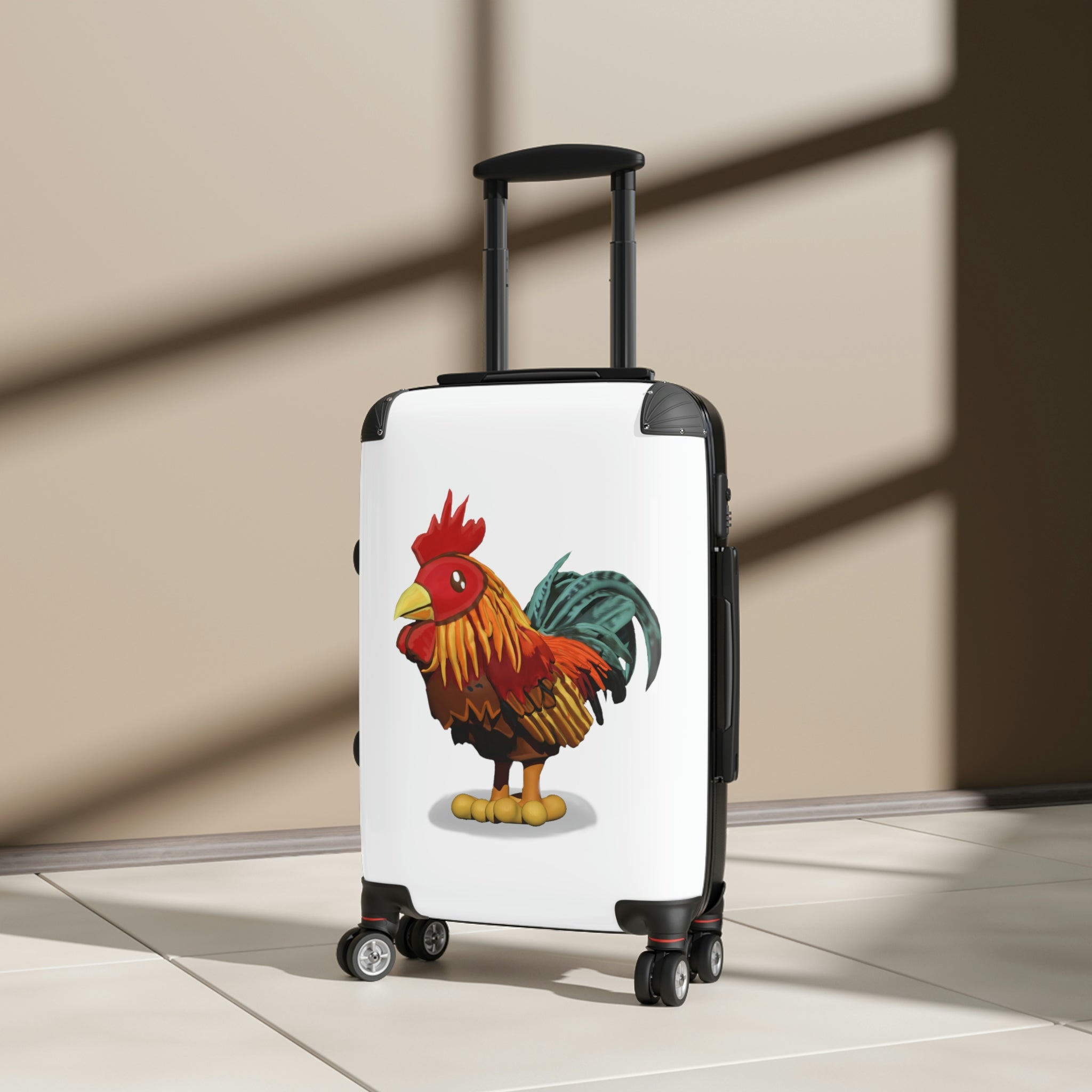 Rooster Cabin Suitcase featuring personalized faux leather design, adjustable handle, and double wheels.