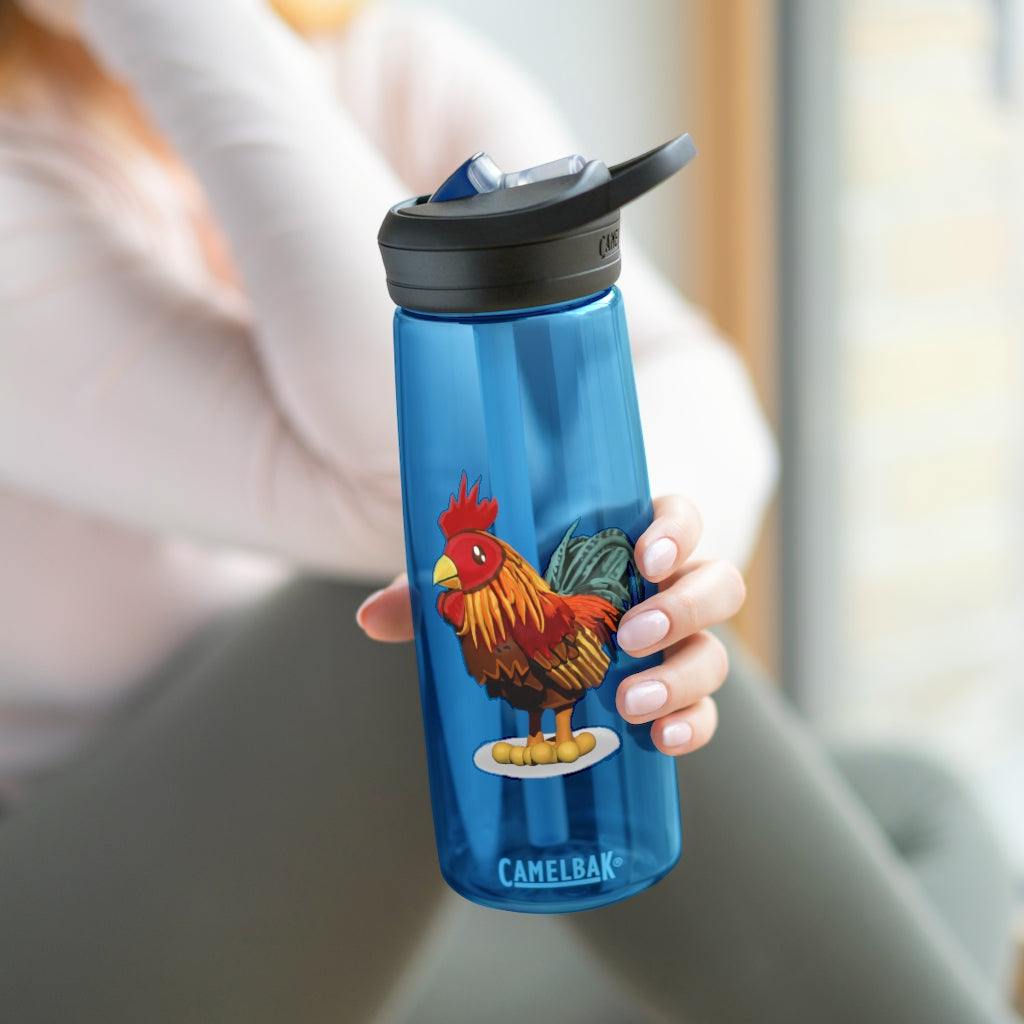 Rooster CamelBak Eddy® Water Bottle in vibrant colors, showcasing its ergonomic design and spill-proof biting valve.