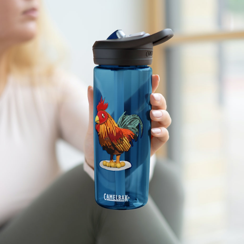 Rooster CamelBak Eddy® Water Bottle in vibrant colors, showcasing its ergonomic design and spill-proof biting valve.