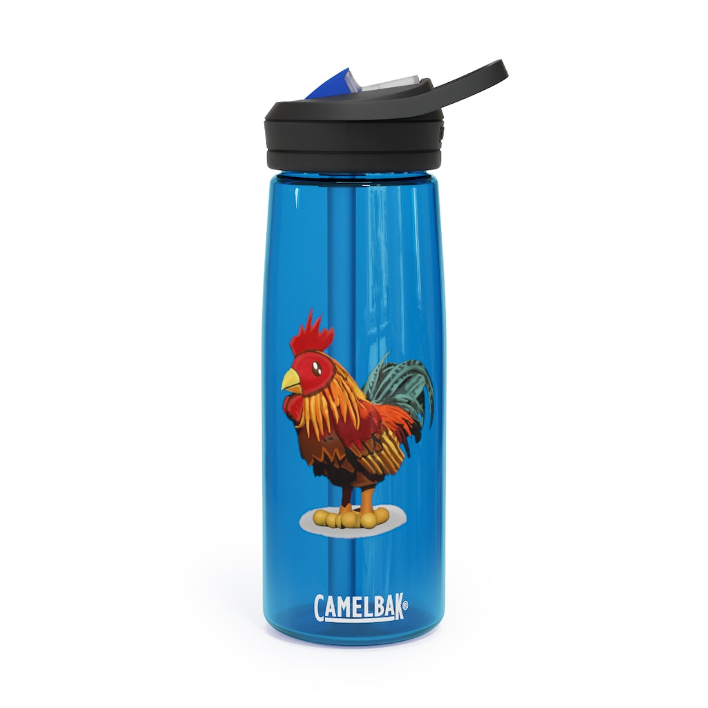 Rooster CamelBak Eddy® Water Bottle in vibrant colors, showcasing its ergonomic design and spill-proof biting valve.