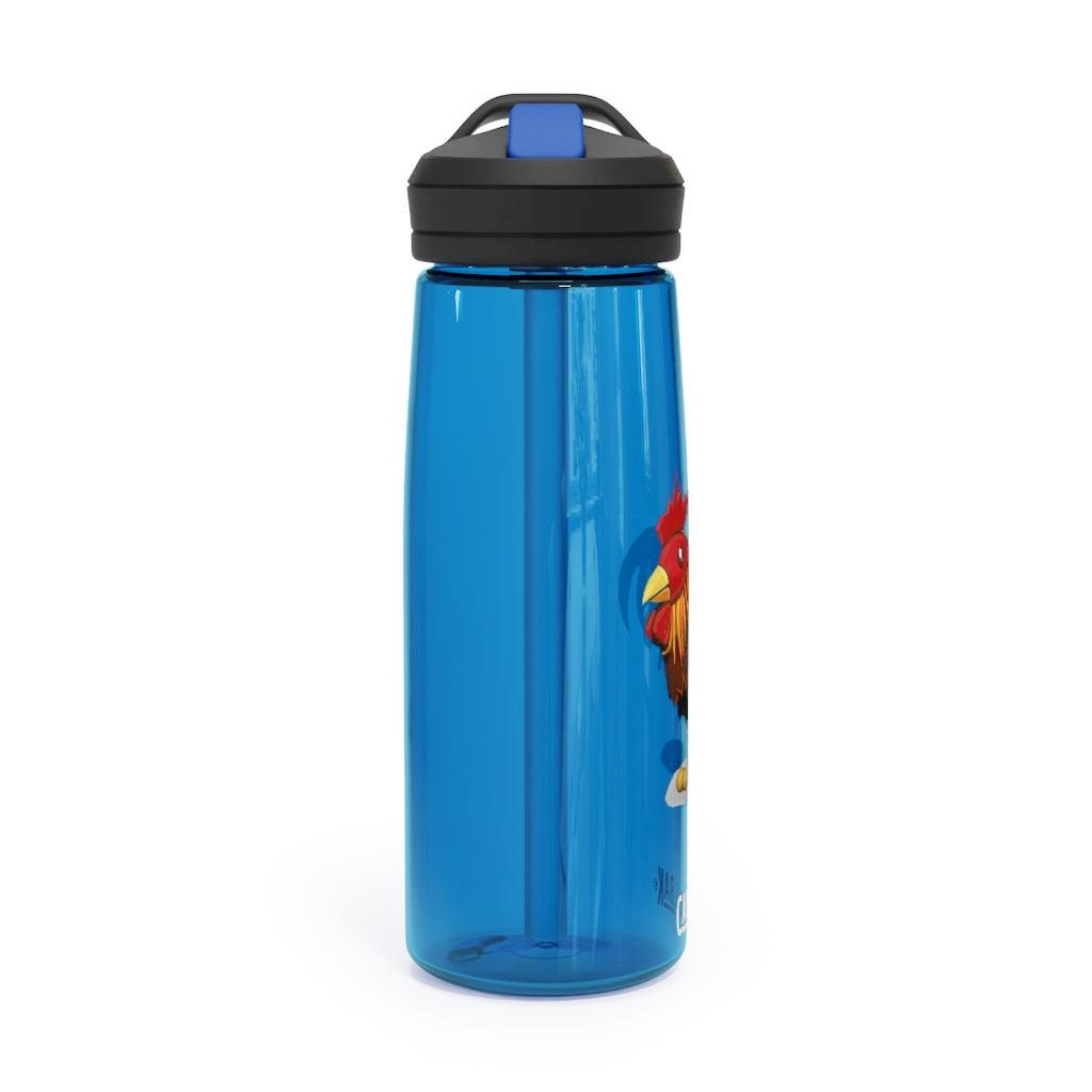 Rooster CamelBak Eddy® Water Bottle in vibrant colors, showcasing its ergonomic design and spill-proof biting valve.