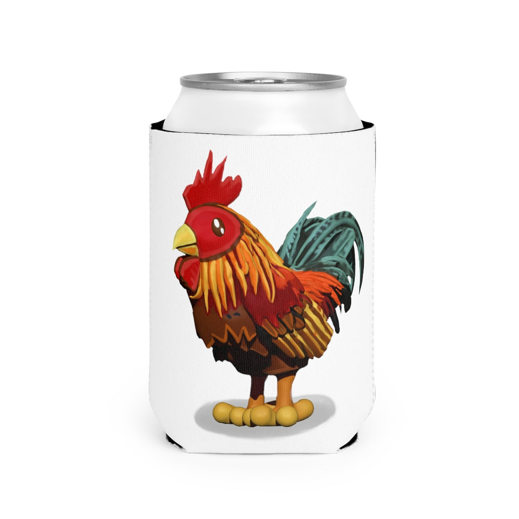 Rooster Can Cooler Sleeve made of durable neoprene, designed to fit standard 12 oz cans, featuring a customizable exterior.