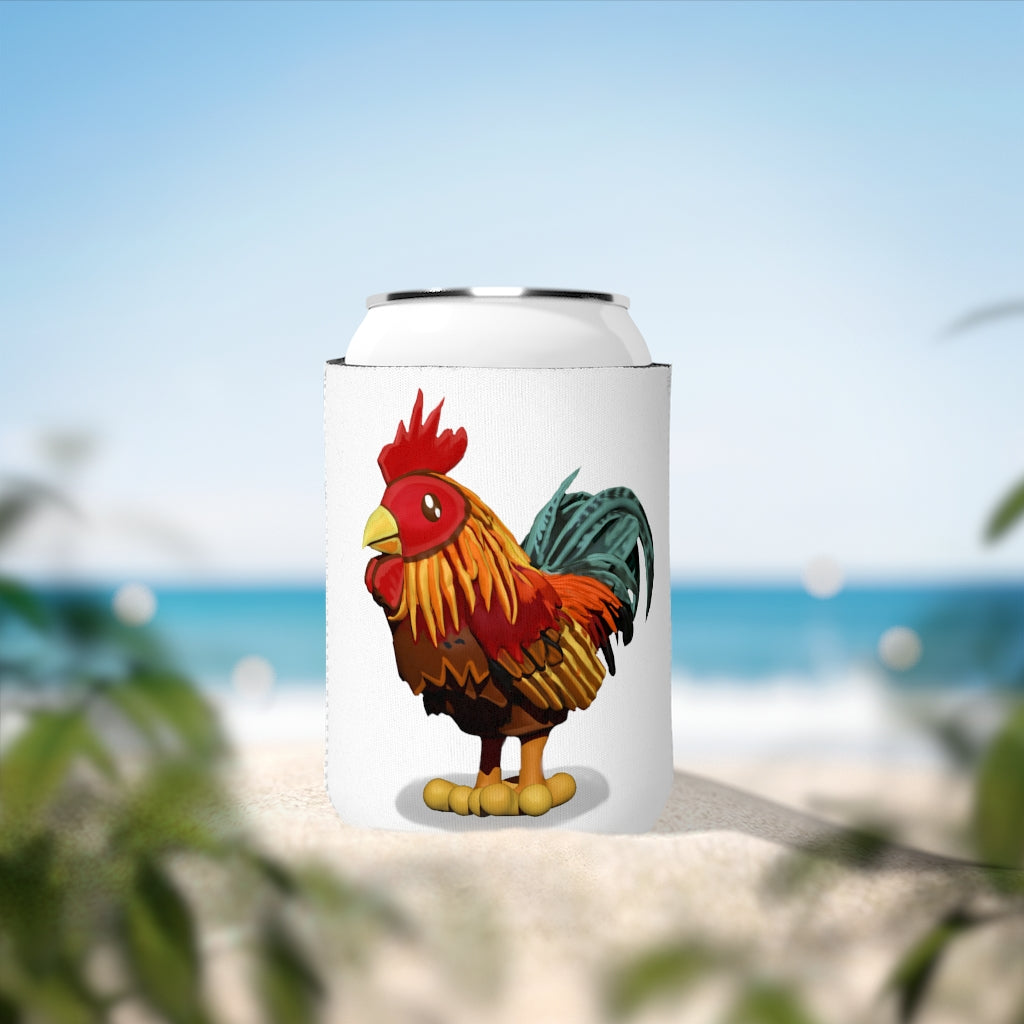 Rooster Can Cooler Sleeve made of durable neoprene, designed to fit standard 12 oz cans, featuring a customizable exterior.