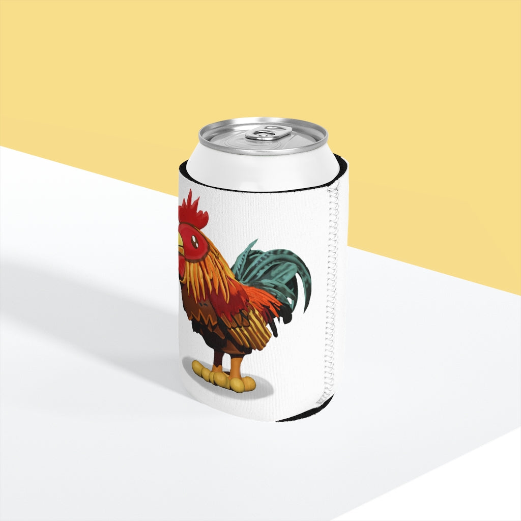 Rooster Can Cooler Sleeve made of durable neoprene, designed to fit standard 12 oz cans, featuring a customizable exterior.