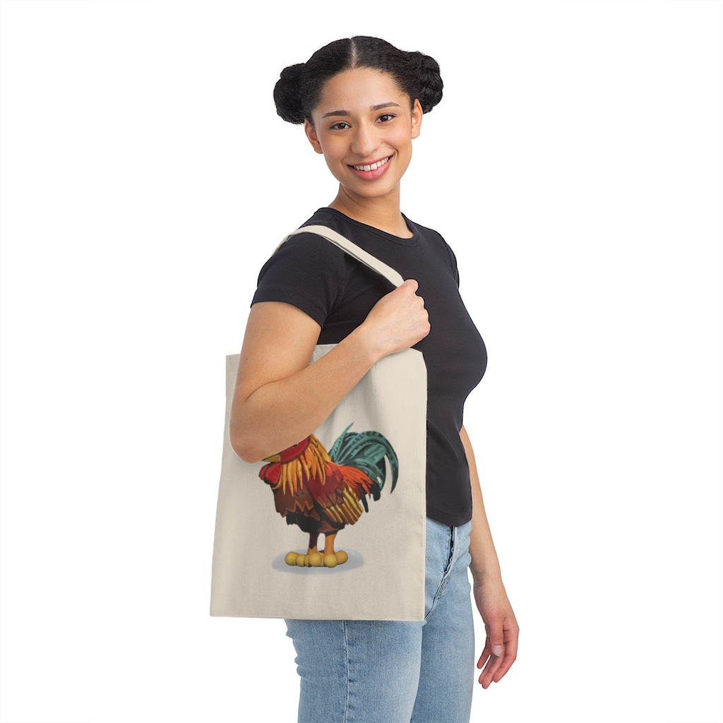 Rooster Canvas Tote Bag made from 100% cotton sheeting, featuring reinforced handles and spacious design.