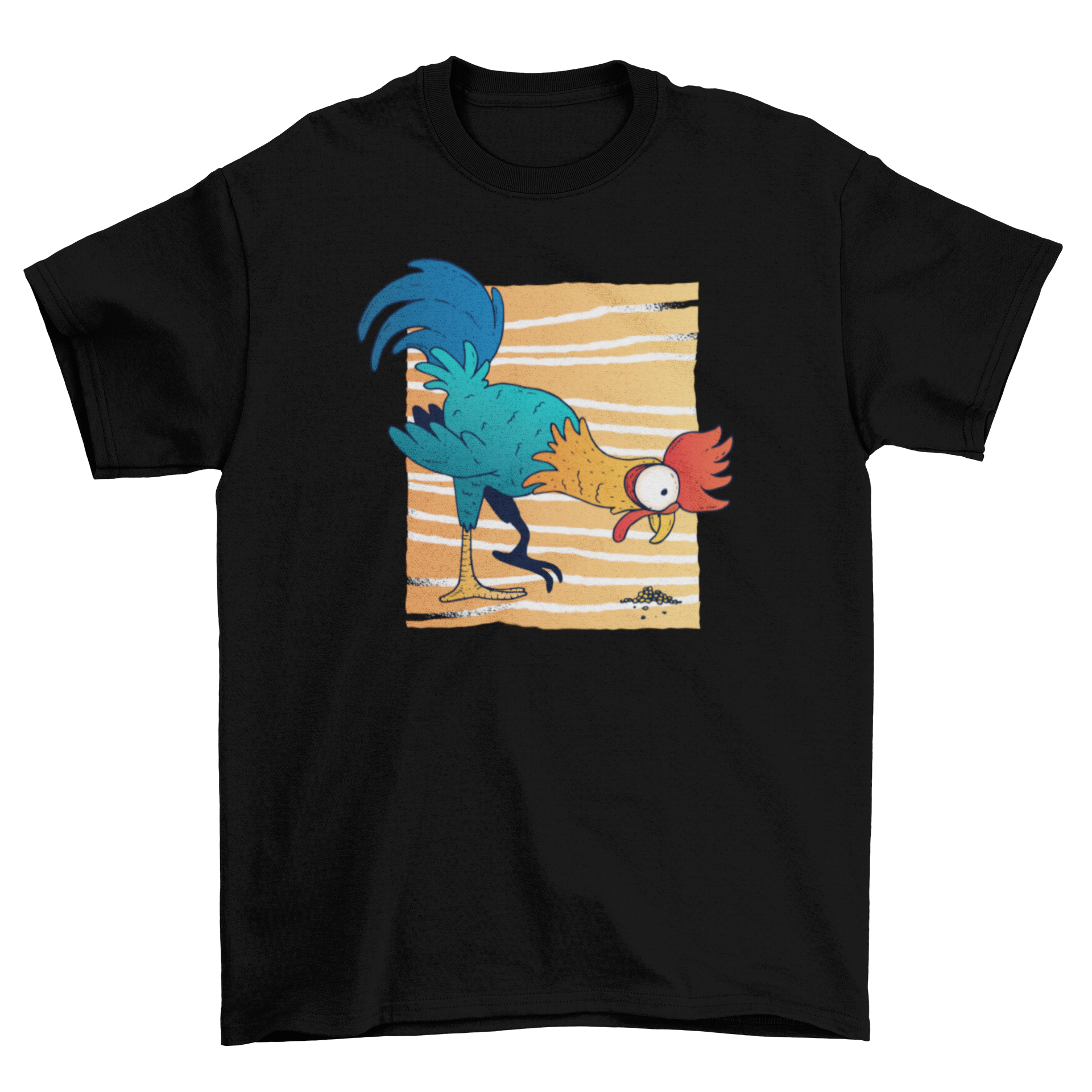 Colorful cartoon t-shirt featuring a rooster picking grains against a lined rectangle backdrop.