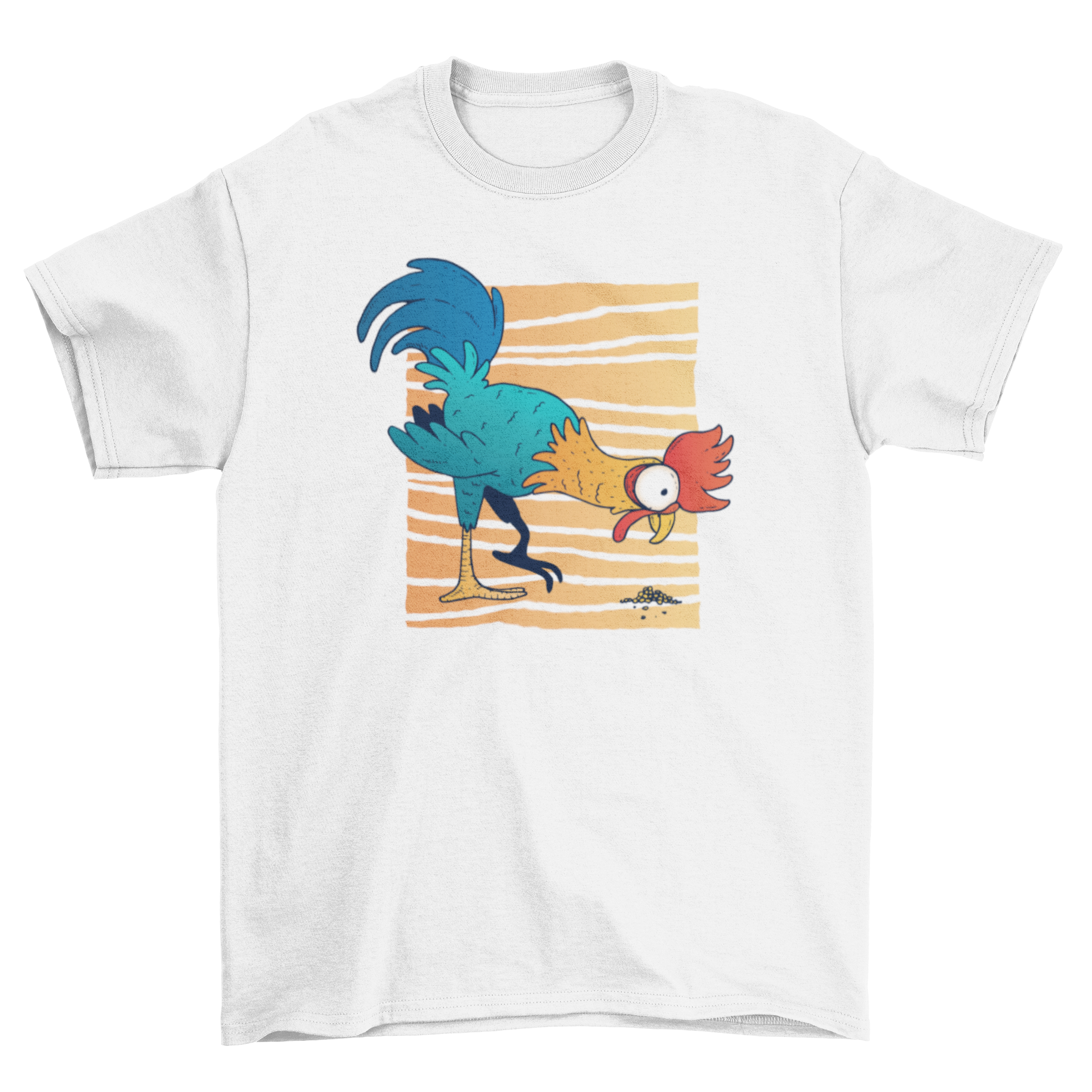 Colorful cartoon t-shirt featuring a rooster picking grains against a lined rectangle backdrop.