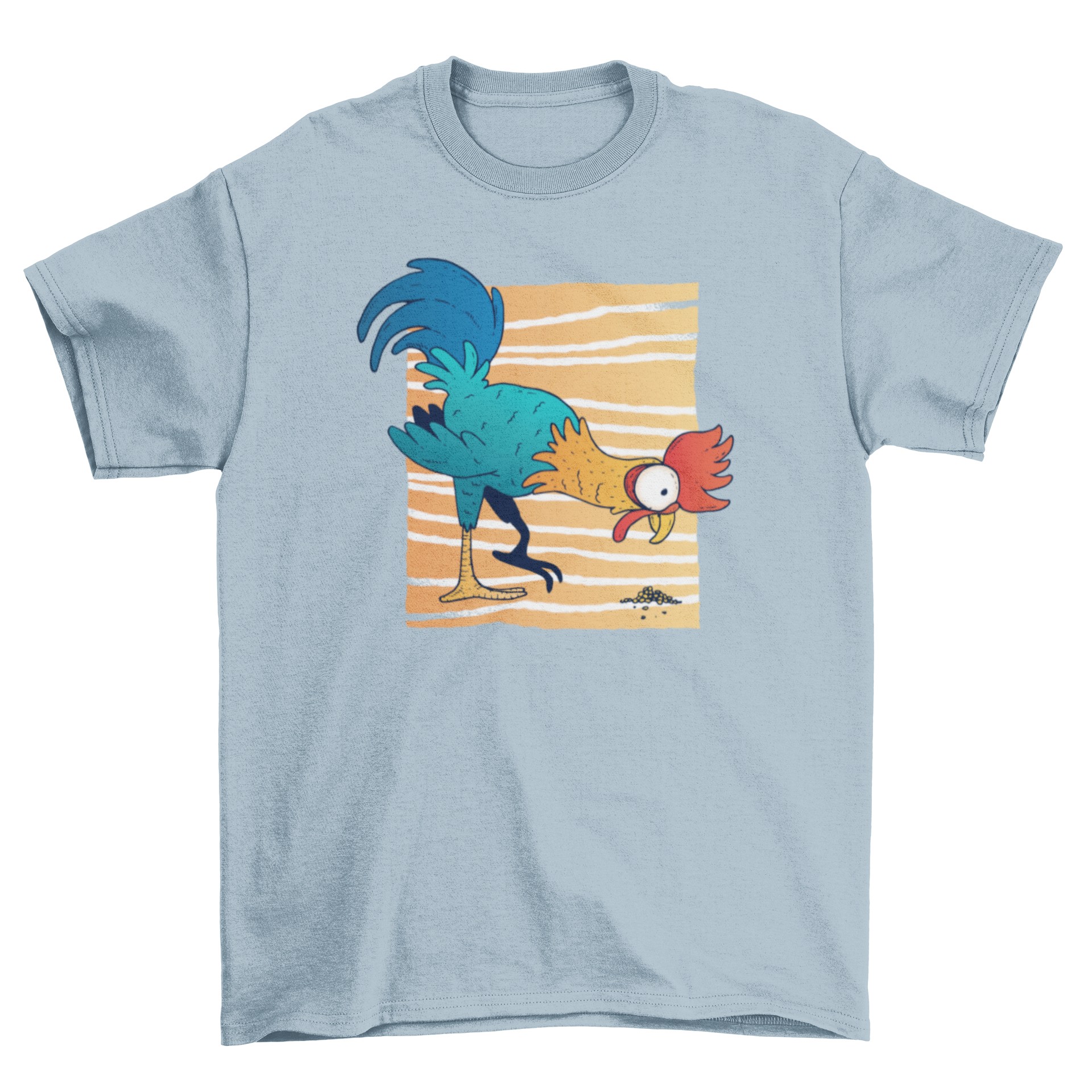 Colorful cartoon t-shirt featuring a rooster picking grains against a lined rectangle backdrop.