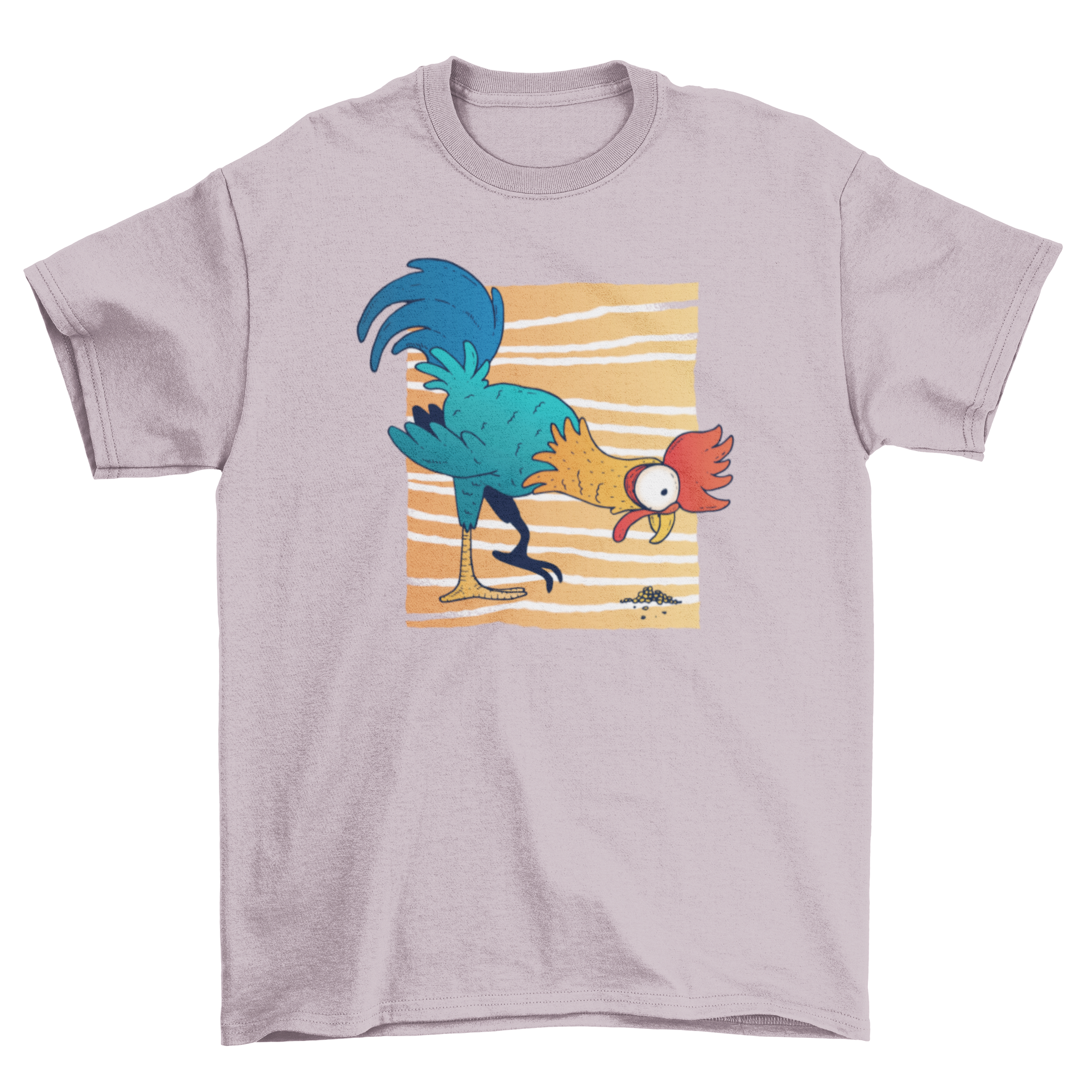 Colorful cartoon t-shirt featuring a rooster picking grains against a lined rectangle backdrop.