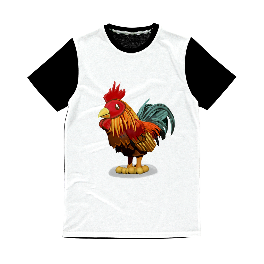 Rooster Classic Sublimation Panel T-Shirt featuring a vibrant front design and a plain black back, ideal for sublimation printing.