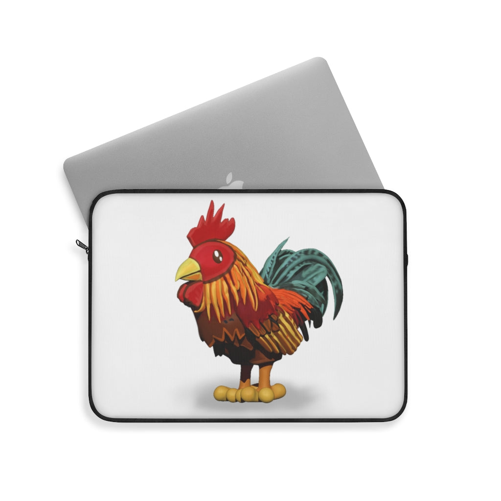 Rooster Laptop Sleeve featuring a stylish printed design on one side and a black polyester back, perfect for protecting laptops.