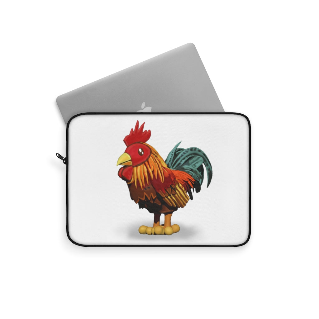 Rooster Laptop Sleeve featuring a stylish printed design on one side and a black polyester back, perfect for protecting laptops.