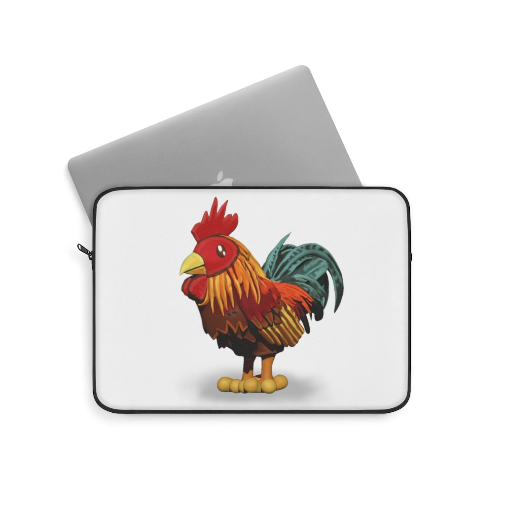 Rooster Laptop Sleeve featuring a stylish printed design on one side and a black polyester back, perfect for protecting laptops.