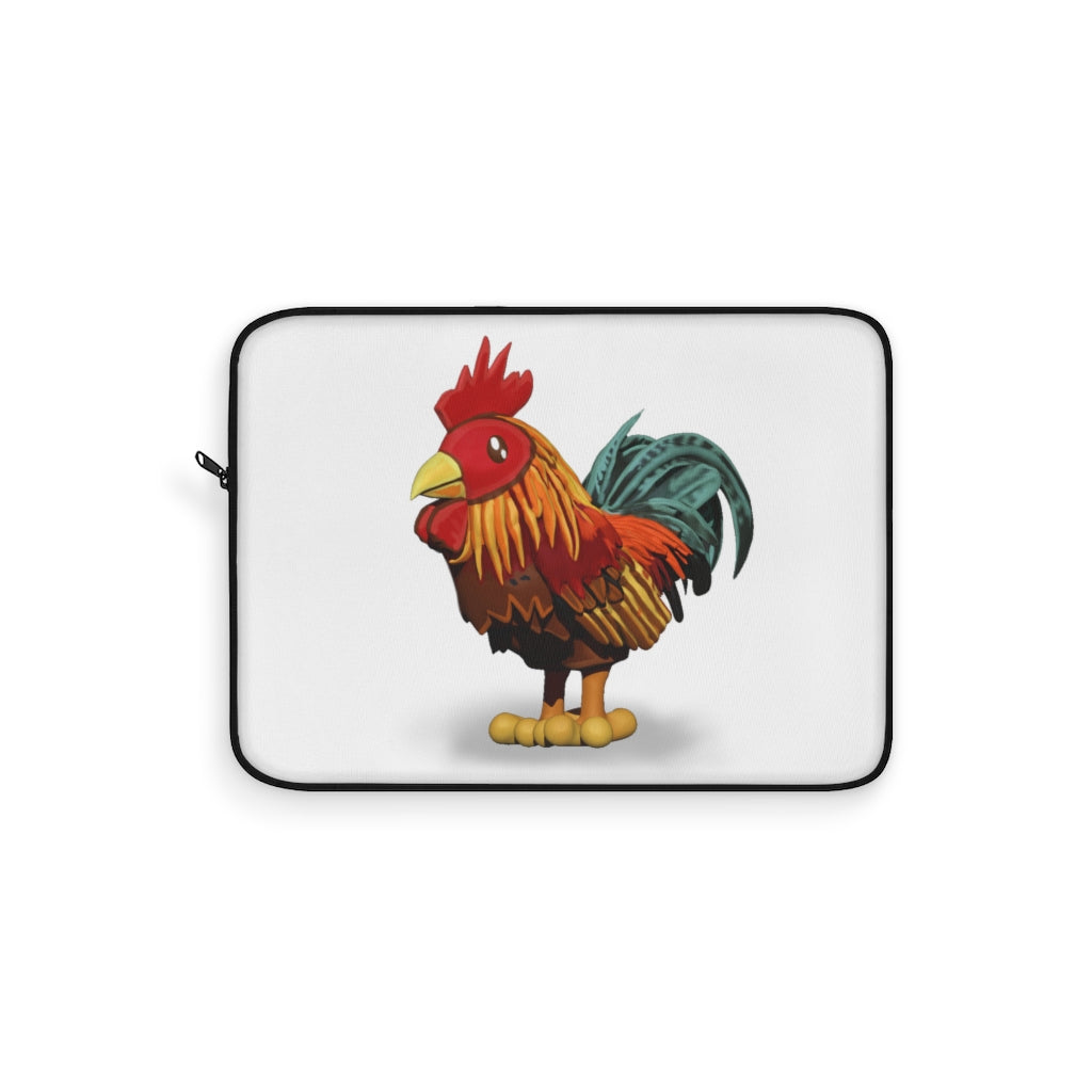 Rooster Laptop Sleeve featuring a stylish printed design on one side and a black polyester back, perfect for protecting laptops.