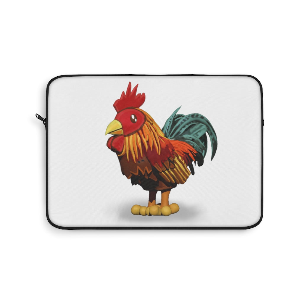 Rooster Laptop Sleeve featuring a stylish printed design on one side and a black polyester back, perfect for protecting laptops.