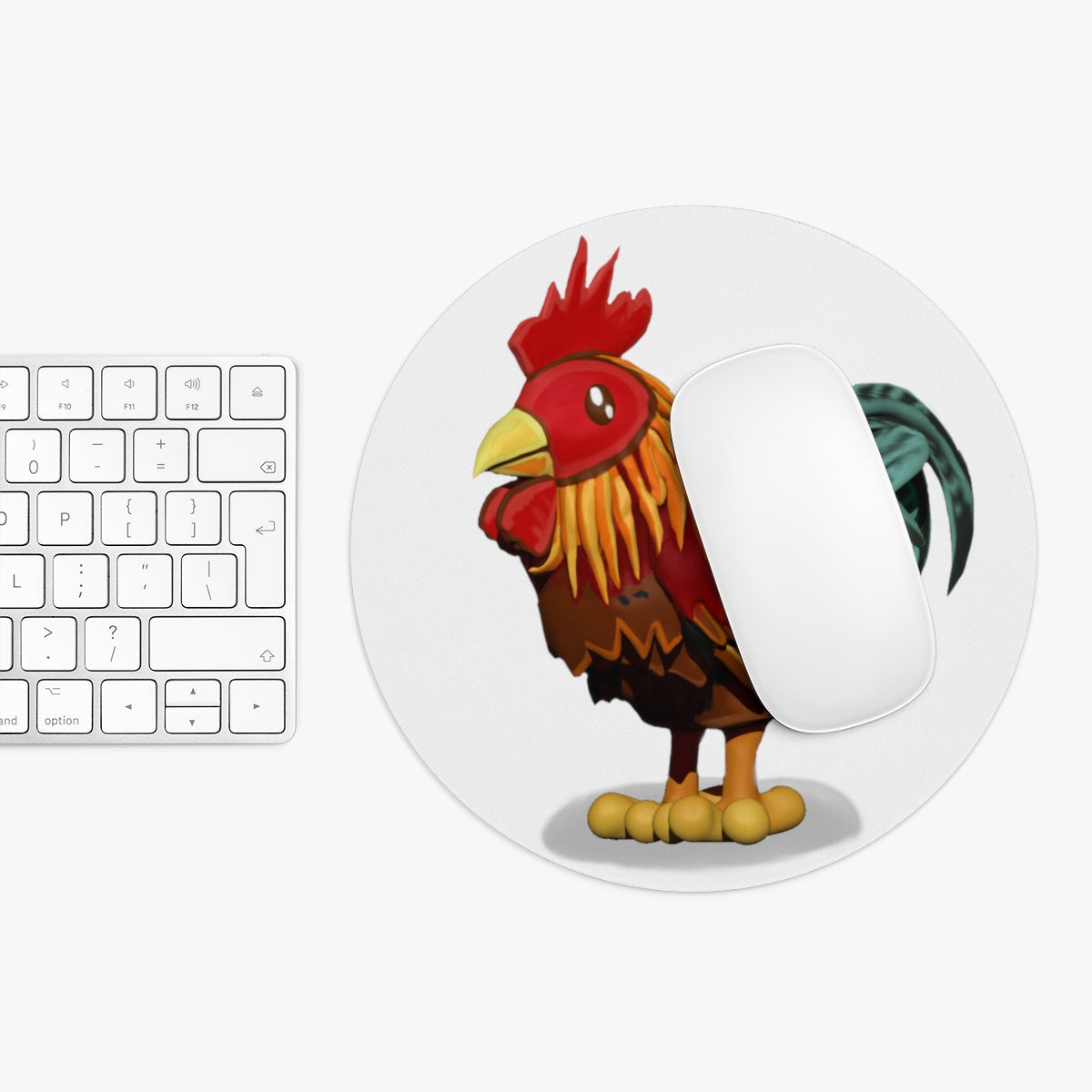 A colorful Rooster Mouse Pad in round and rectangular shapes, featuring a vibrant rooster design and a non-slip rubber bottom.