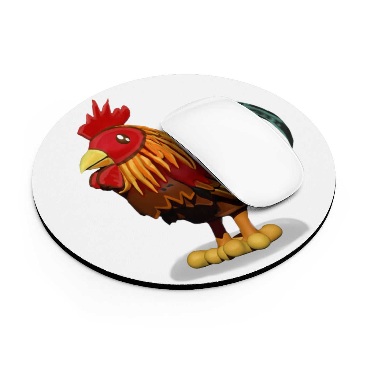 A colorful Rooster Mouse Pad in round and rectangular shapes, featuring a vibrant rooster design and a non-slip rubber bottom.