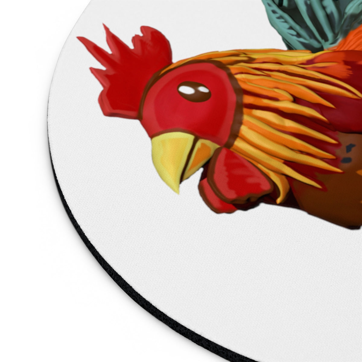 A colorful Rooster Mouse Pad in round and rectangular shapes, featuring a vibrant rooster design and a non-slip rubber bottom.