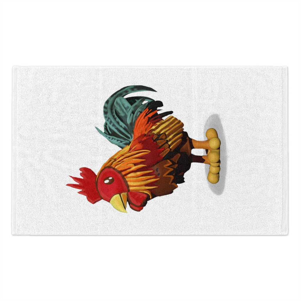 Rooster Rally Towel measuring 11x18 inches, featuring a soft cotton backing and a printed polyester front, ideal for personalization.