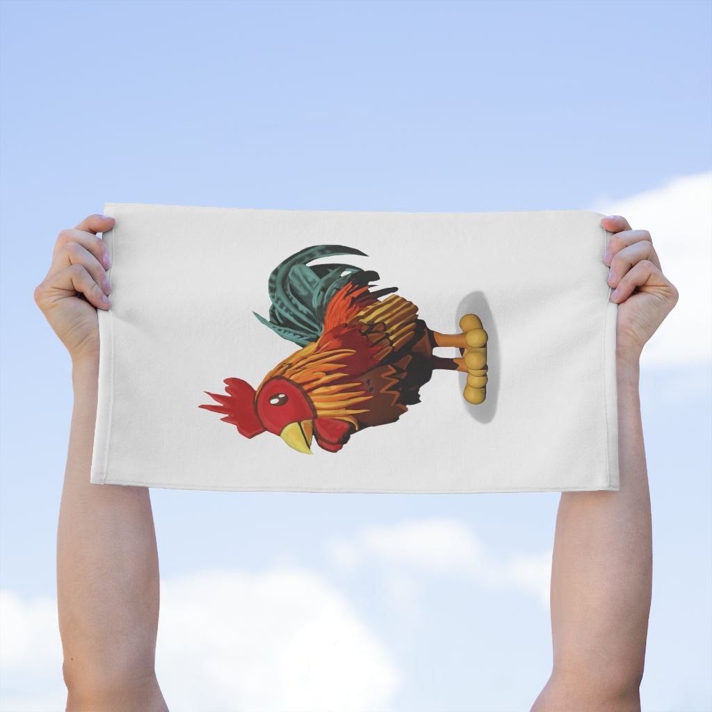 Rooster Rally Towel measuring 11x18 inches, featuring a soft cotton backing and a printed polyester front, ideal for personalization.