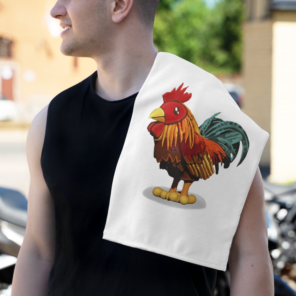 Rooster Rally Towel measuring 11x18 inches, featuring a soft cotton backing and a printed polyester front, ideal for personalization.