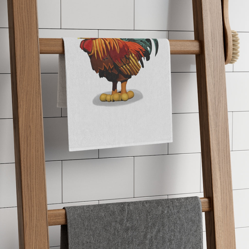 Rooster Rally Towel measuring 11x18 inches, featuring a soft cotton backing and a printed polyester front, ideal for personalization.