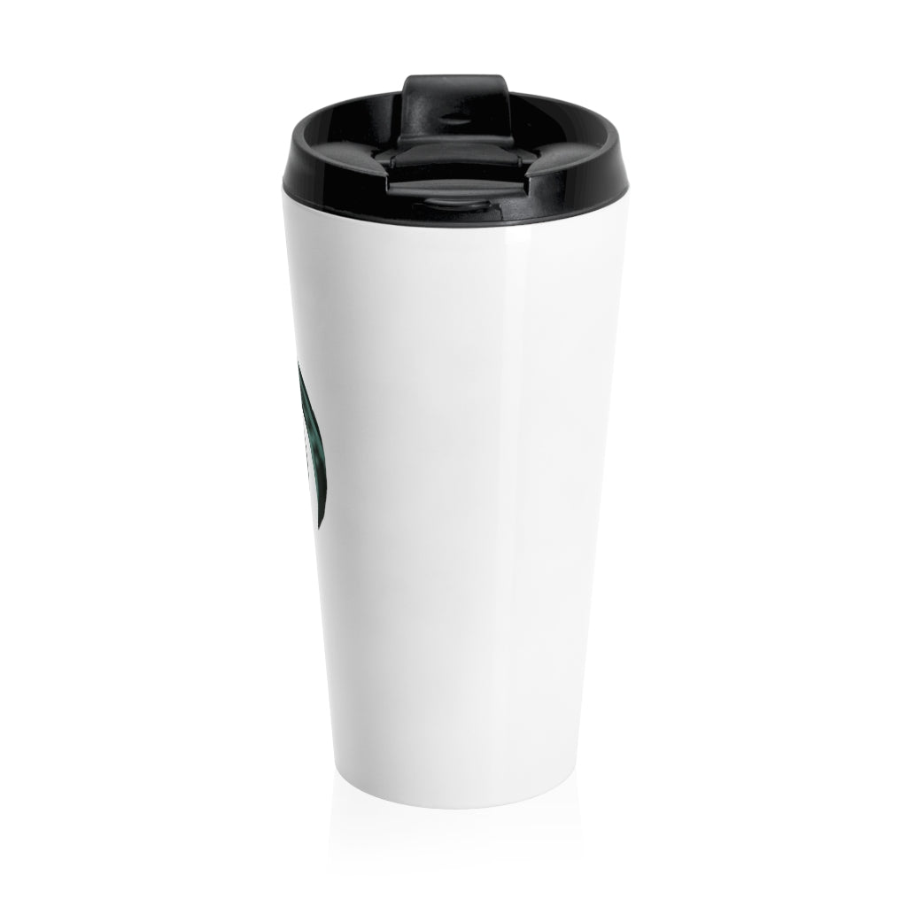 Rooster Stainless Steel Travel Mug with black lid, showcasing vibrant sublimation printing and a sleek design.